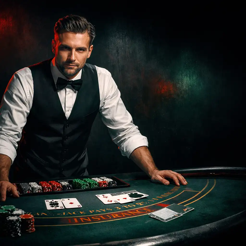 Krupier blackjack przy stole casino