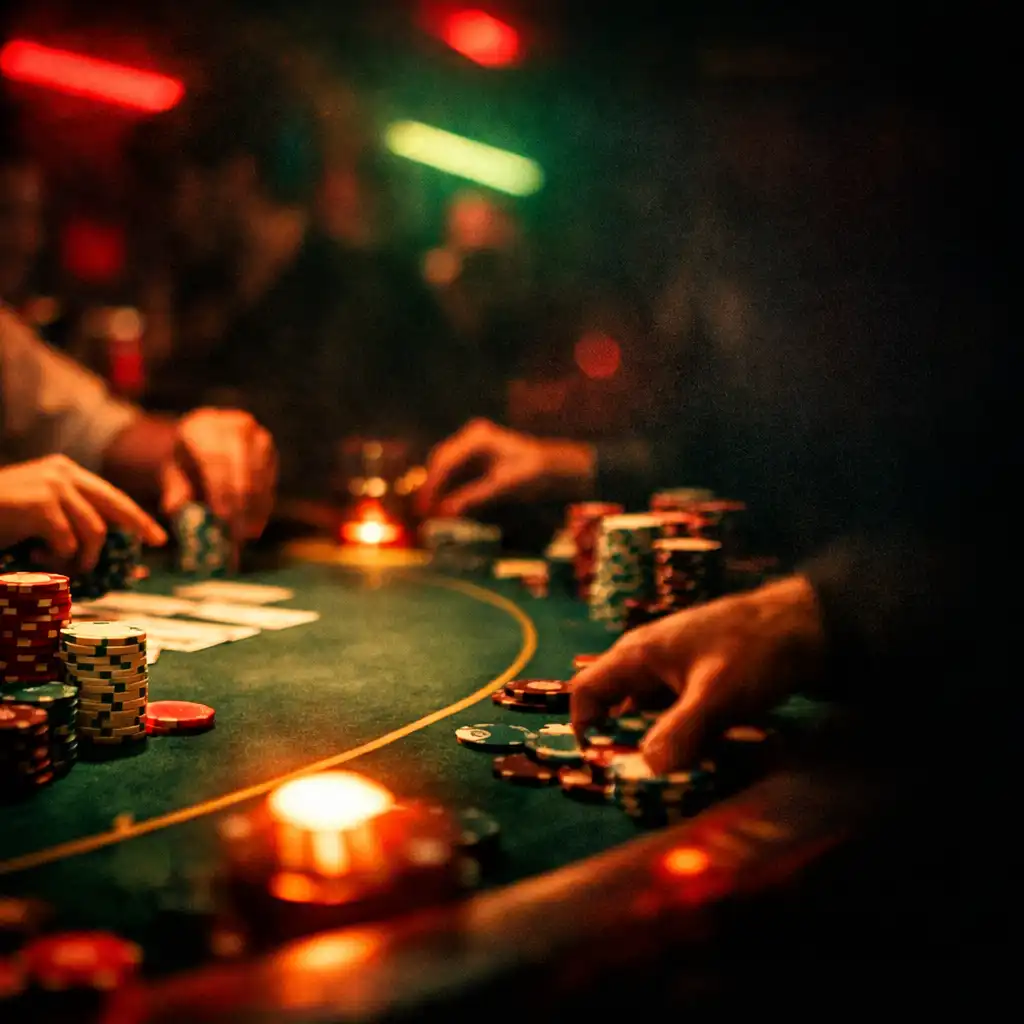Klimat nocnego wydarzenia casino z intensywnym światłem i emocjami