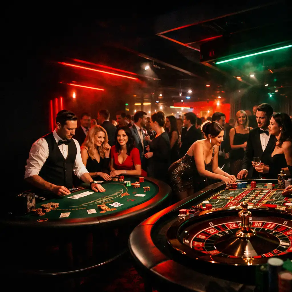 Wieczór casino z ruletką i blackjackiem w eleganckim wnętrzu