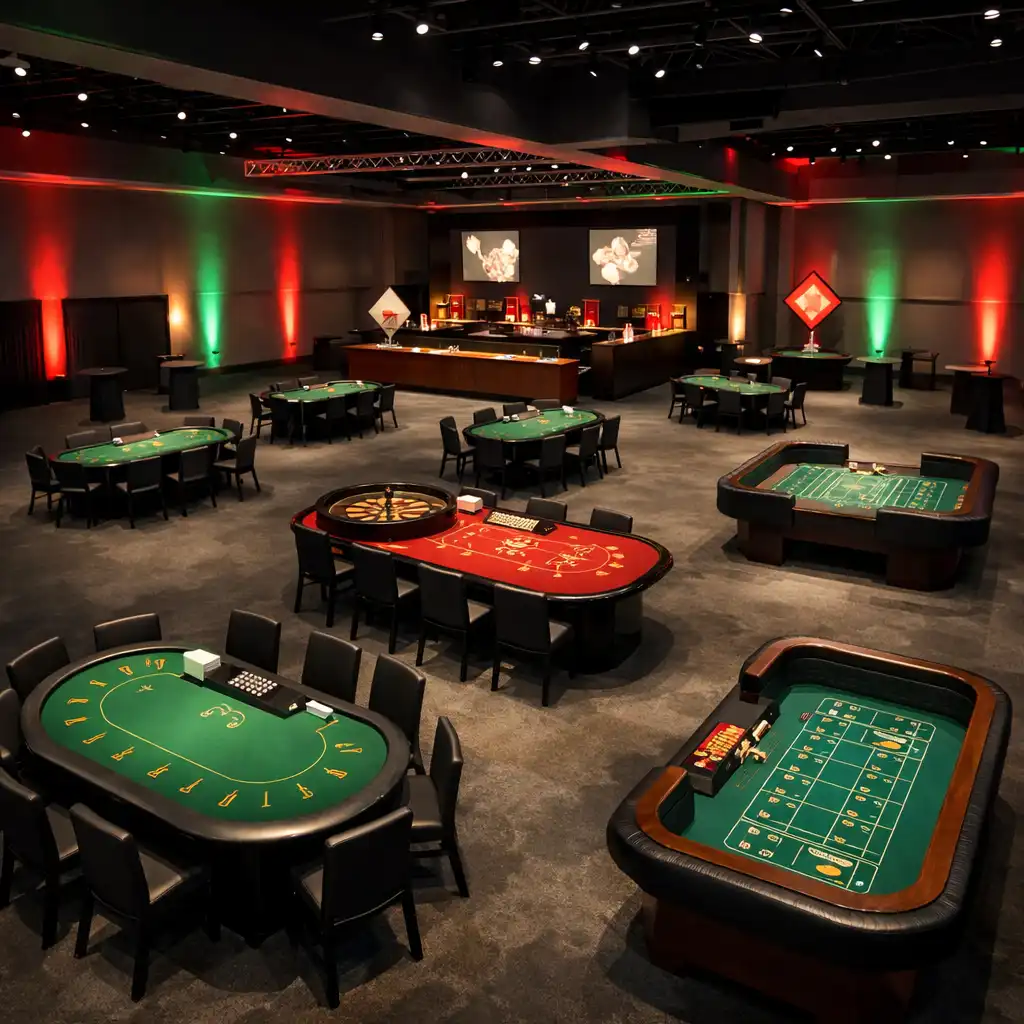 Sala eventowa przygotowana jako przestrzeń casino z rozmieszczonymi stołami