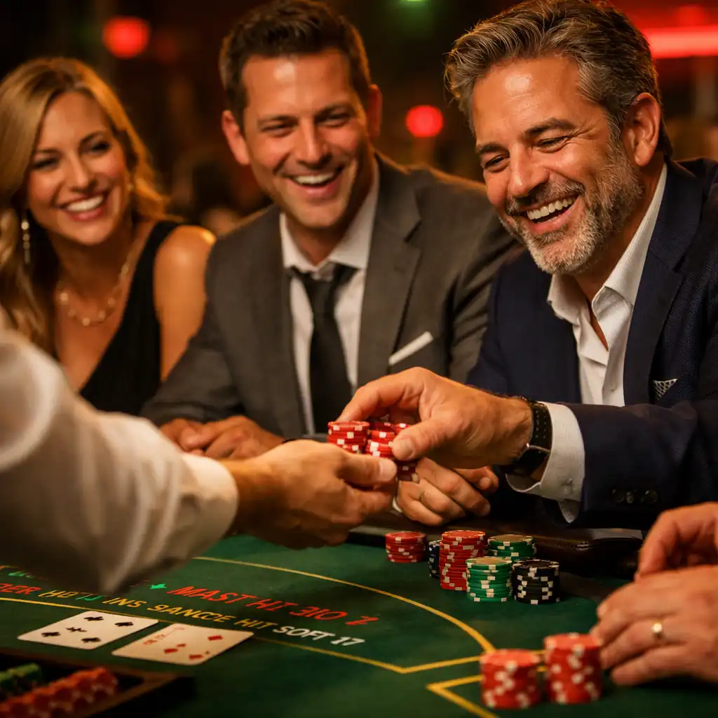 Uczestnicy eventu casino grający przy stole blackjack z krupierem