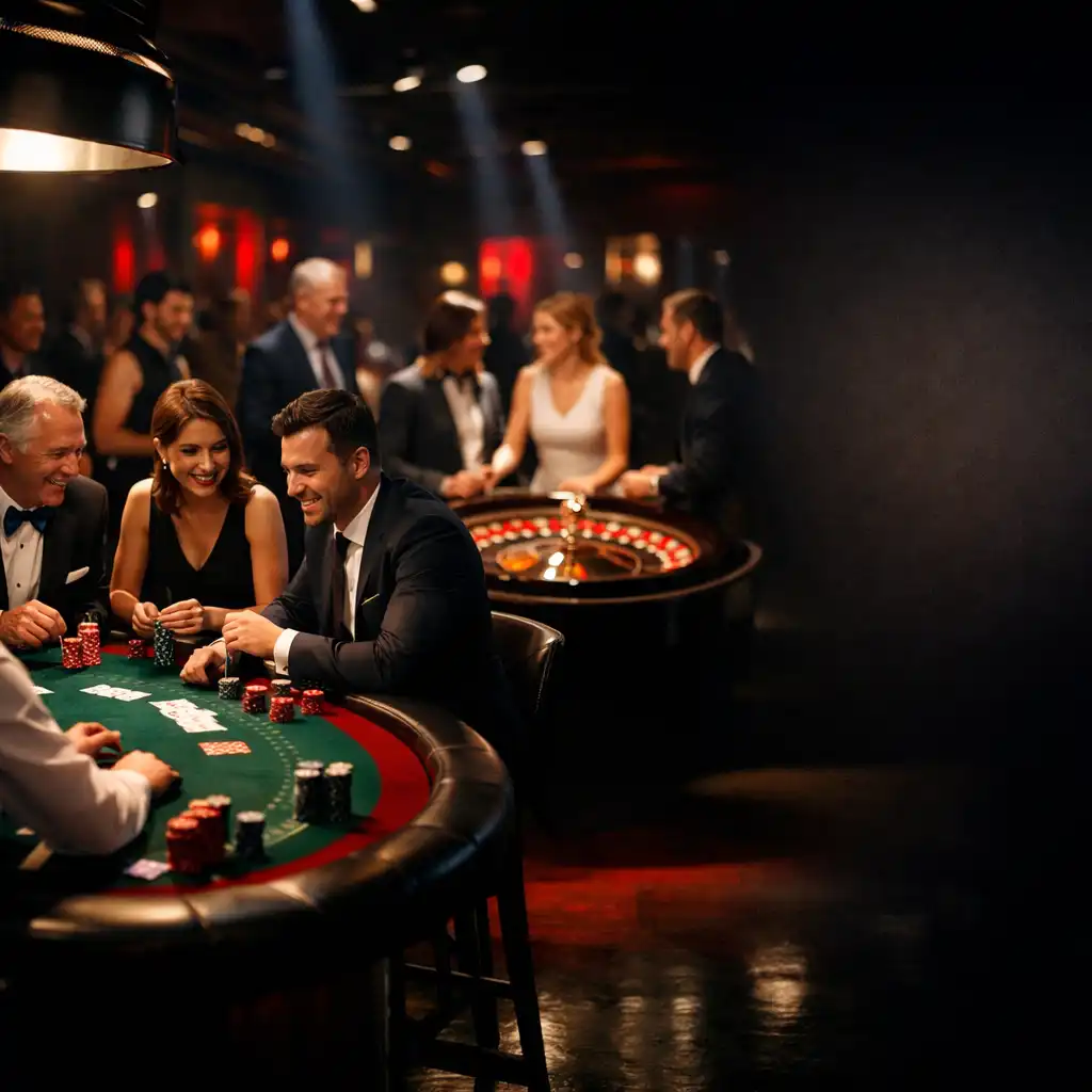 Event firmowy w stylu casino z profesjonalnymi stołami i uczestnikami