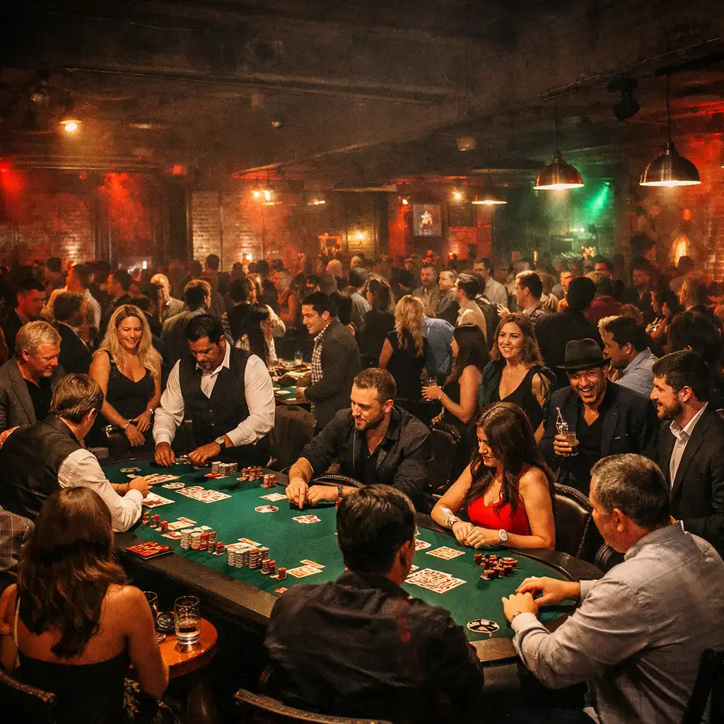 Tłum uczestników wokół stołów pokerowych