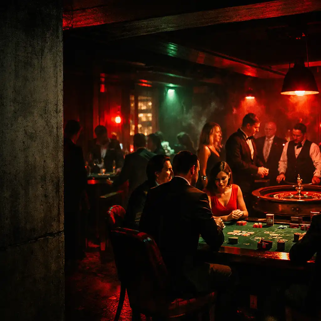 Prywatna impreza casino z pokerem i ruletką w nocnej atmosferze