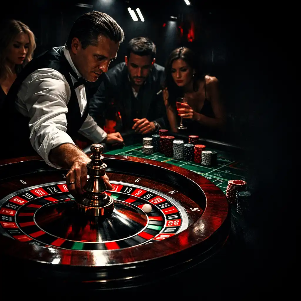 Ruletka casino podczas eventu z krupierem i gośćmi